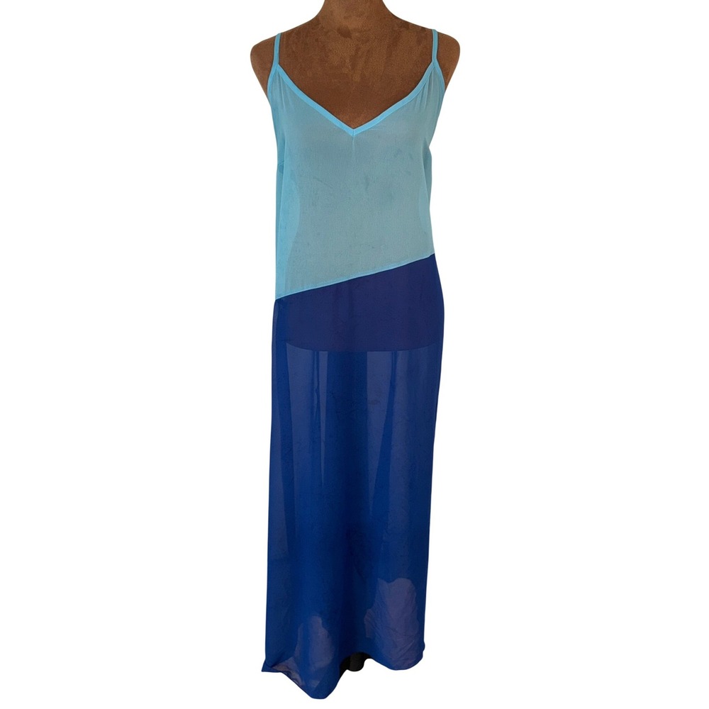 Colorblock Sheer Maxi Swim Cover Up Blue Adjustable Strap 3X Plus Resort Beach